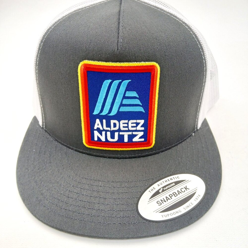 Aldeez Nutz Patch Flat Bill Trucker Mesh Snapback Cap Gray White Adult Humor